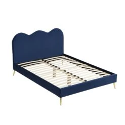 Gidea Velvet Upholstered Bed Frame With Scalloped Headboard & Golden Chrome Legs -Best Furniture Shop 3JAH 07 NAVYVEL 2