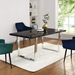 BIASCA 6-Seater High Gloss Marble Effect Dining Table With Silver Chrome Legs Black