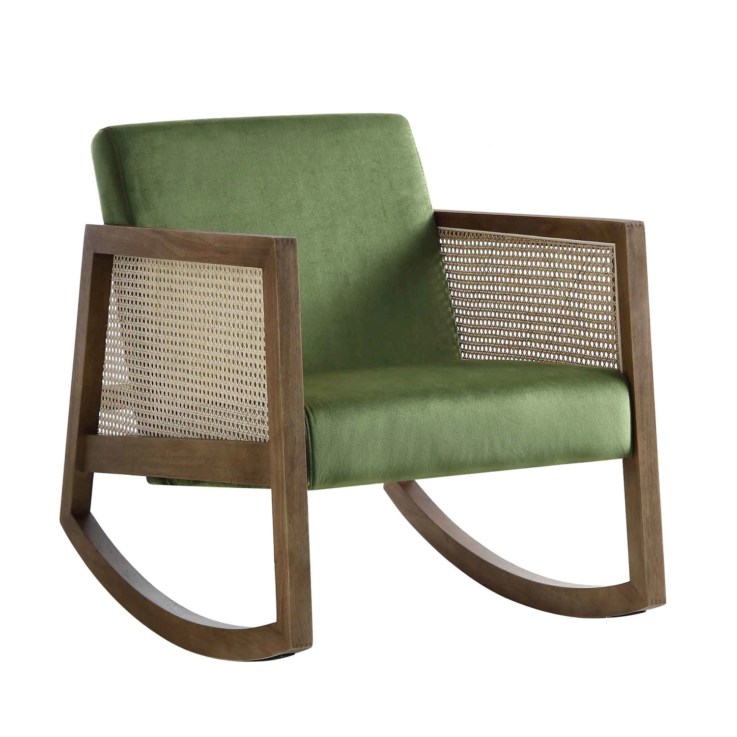 Fyne Moss Green Velvet Rocking Armchair With Rattan Armrests 3 Fyne Moss Green Velvet Rocking Armchair With Rattan Armrests - Image 3