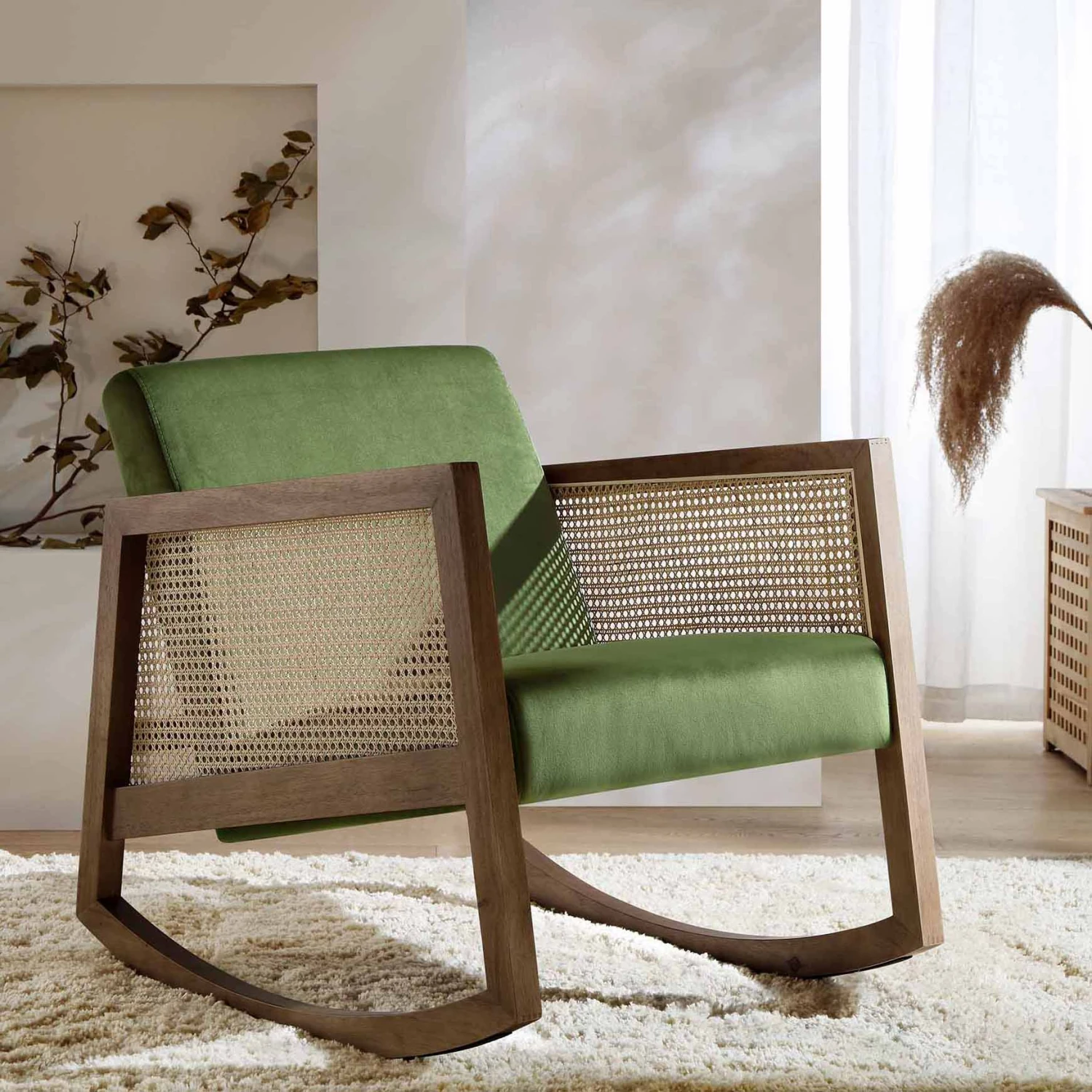 Fyne Moss Green Velvet Rocking Armchair With Rattan Armrests 1 Fyne Moss Green Velvet Rocking Armchair With Rattan Armrests