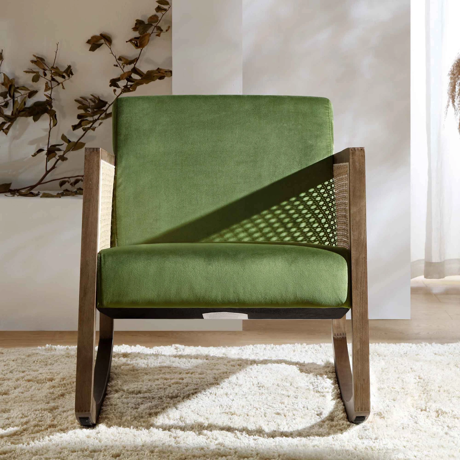 Fyne Moss Green Velvet Rocking Armchair With Rattan Armrests 2 Fyne Moss Green Velvet Rocking Armchair With Rattan Armrests - Image 2