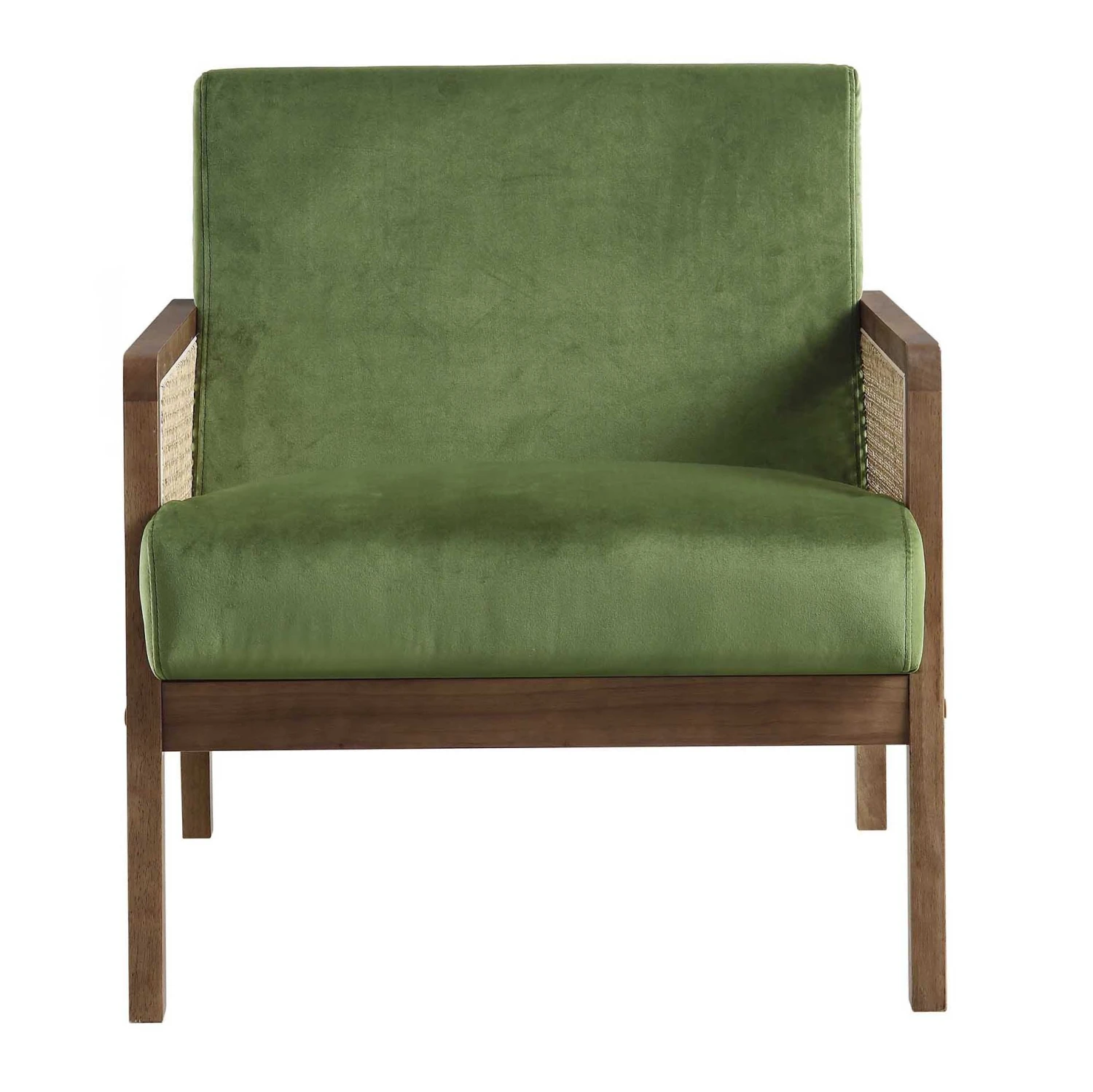 Fyne Moss Green Velvet Walnut Frame Rattan Armchair 4 Fyne Moss Green Velvet Walnut Frame Rattan Armchair - Image 4