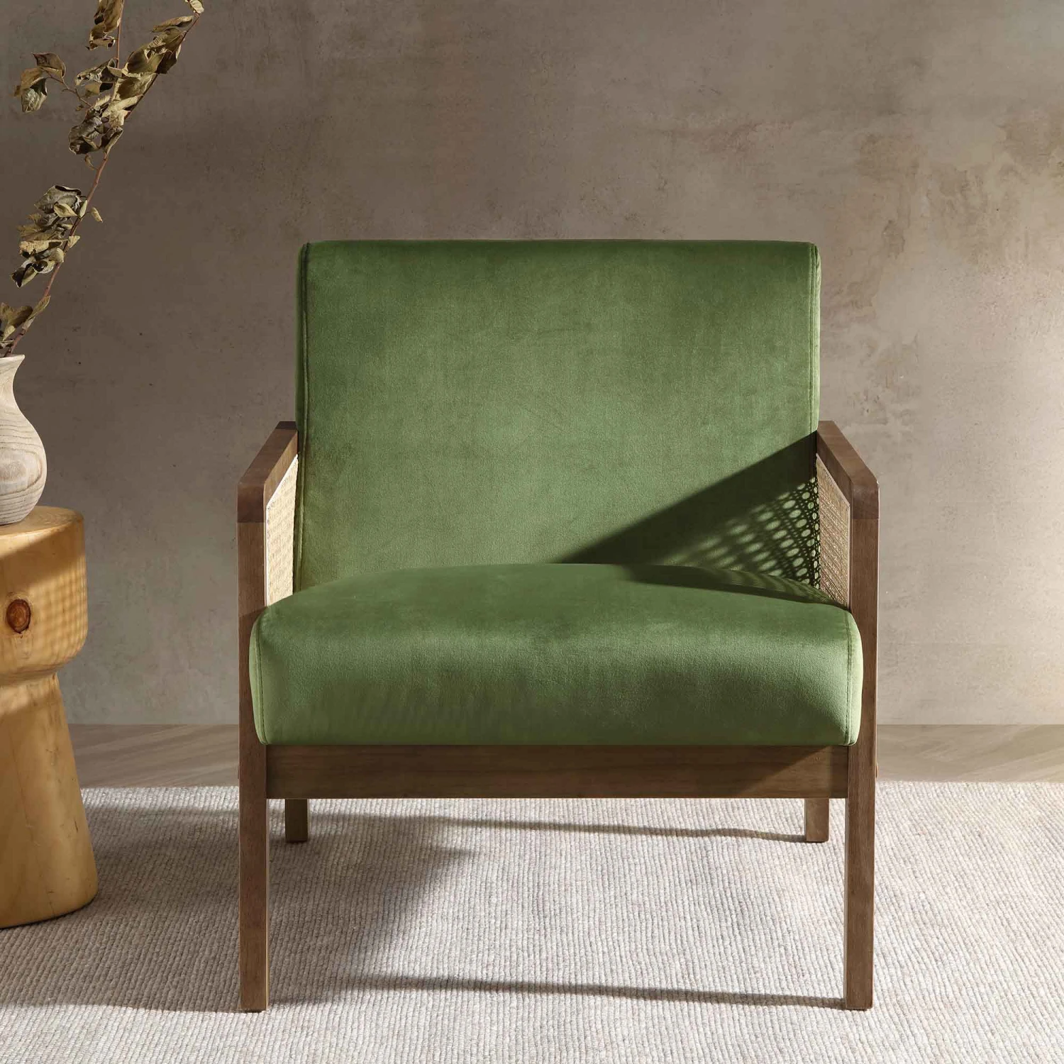 Fyne Moss Green Velvet Walnut Frame Rattan Armchair 2 Fyne Moss Green Velvet Walnut Frame Rattan Armchair - Image 2