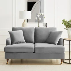 Brigette 2-Seater Grey Velvet Sofa With Antique Brass Castor Legs
