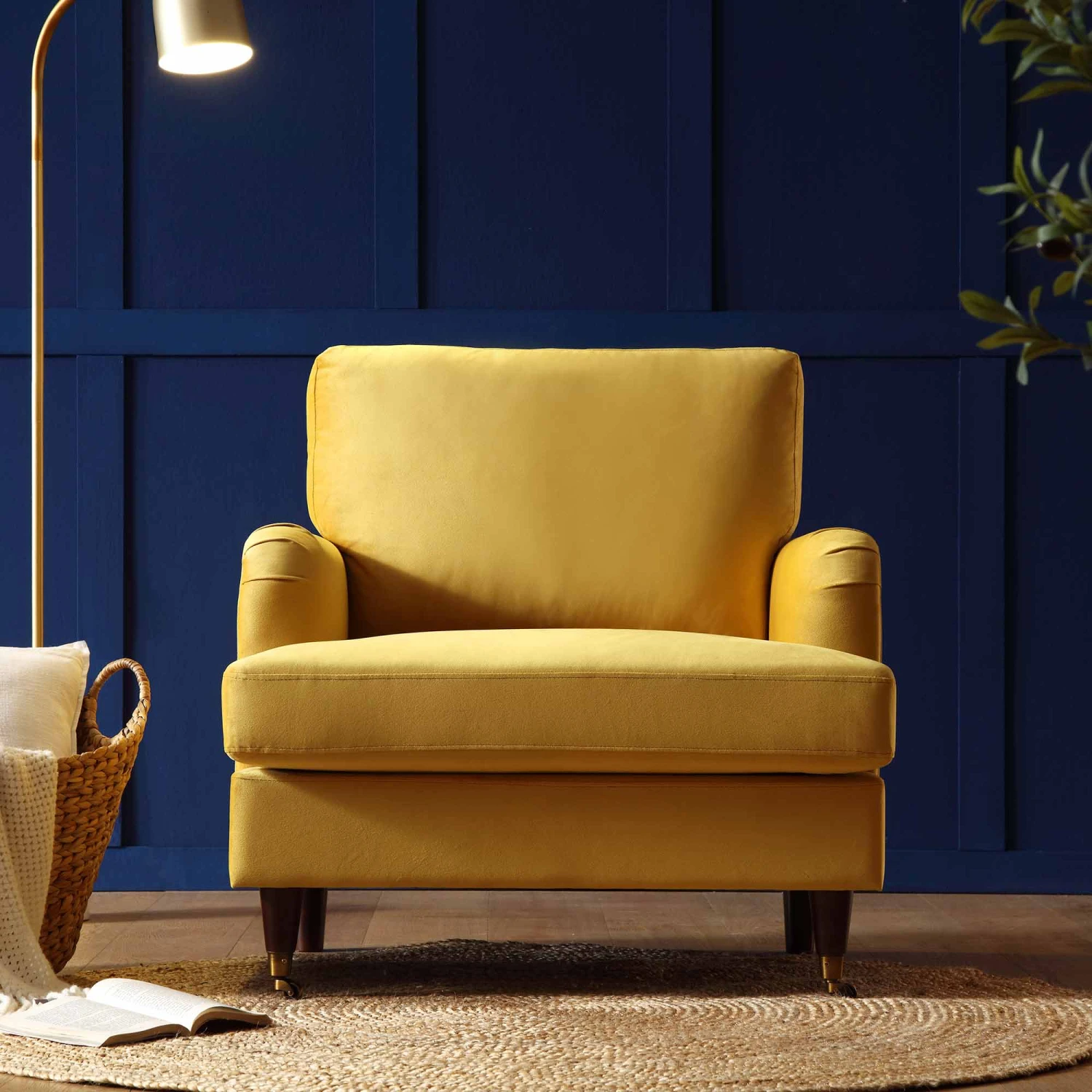 Brigette Mustard Velvet Armchair With Antique Brass Castor Legs 2 Brigette Mustard Velvet Armchair With Antique Brass Castor Legs - Image 2