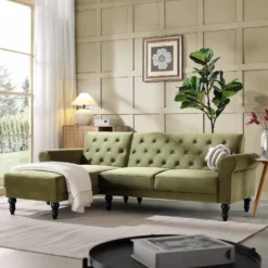 Hanney Chesterfield Chaise Sofabed In Moss Green Velvet