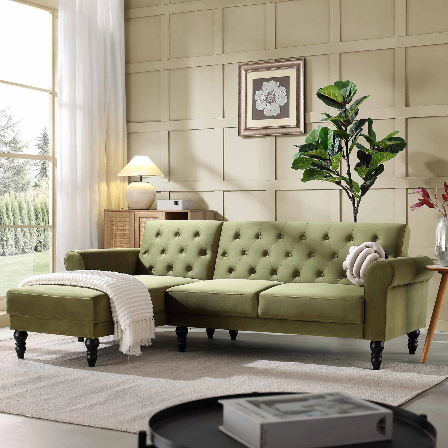 Hanney Chesterfield Chaise Sofabed In Moss Green Velvet 1 Hanney Chesterfield Chaise Sofabed In Moss Green Velvet
