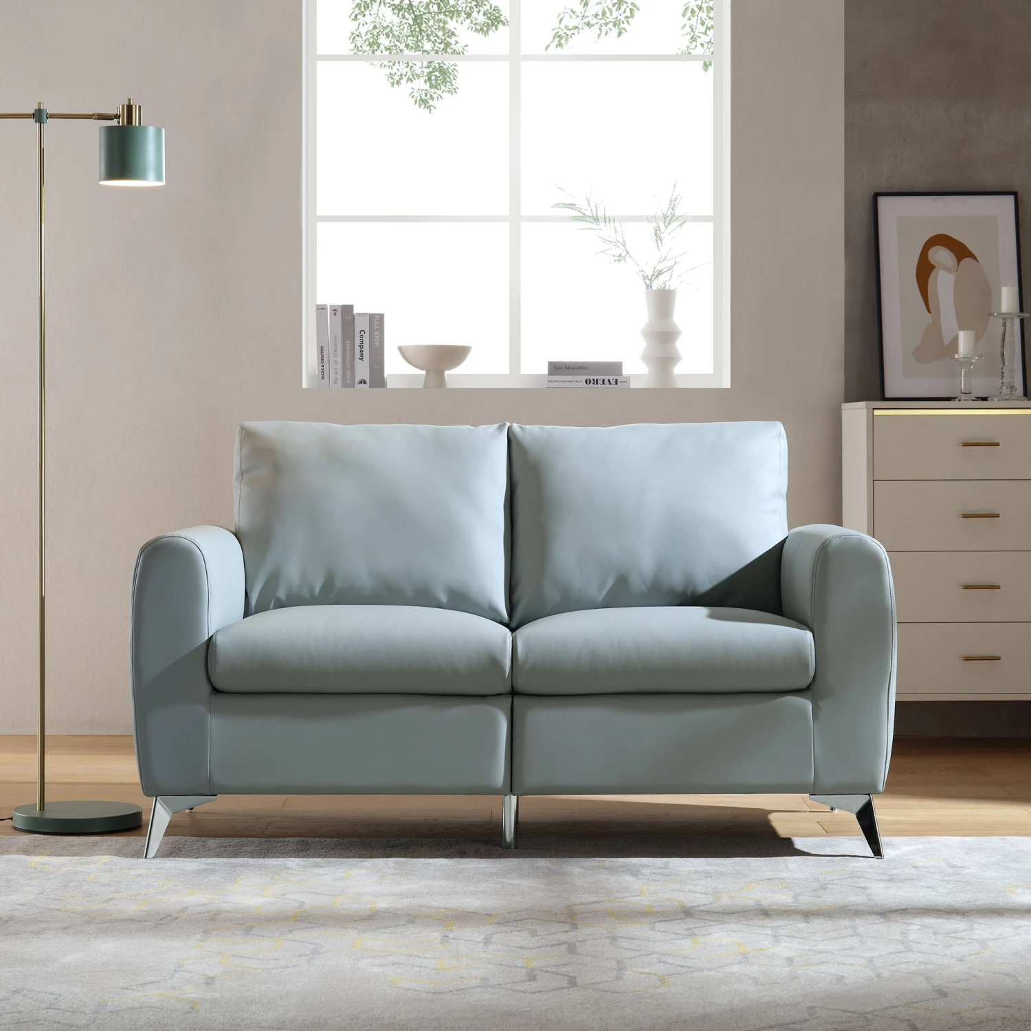 Noak 2-Seater Grey Faux Leather Sofa With Chrome Legs 1 Noak 2-Seater Grey Faux Leather Sofa With Chrome Legs