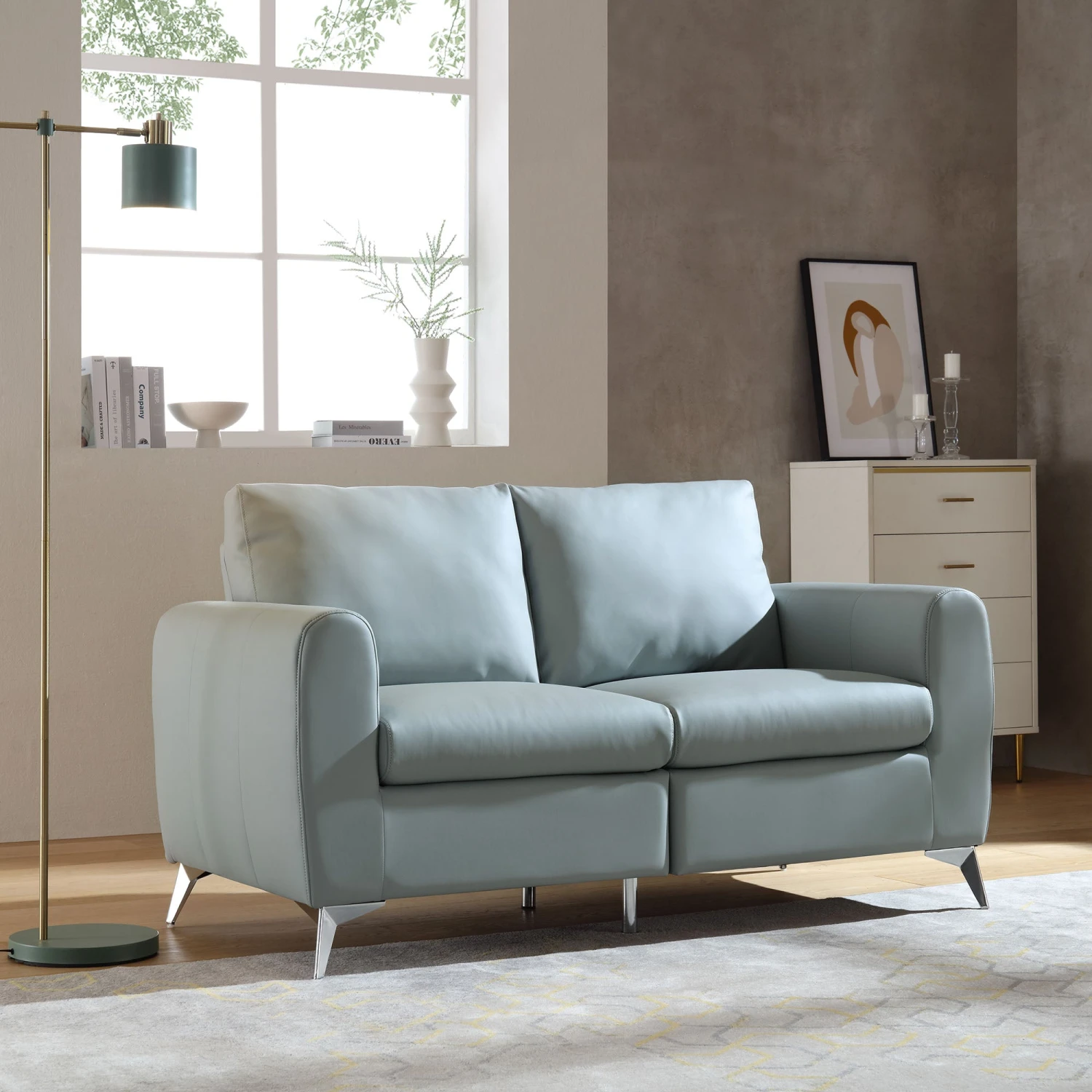 Noak 2-Seater Grey Faux Leather Sofa With Chrome Legs 2 Noak 2-Seater Grey Faux Leather Sofa With Chrome Legs - Image 2