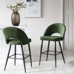 Oakley Set Of 2 Dark Green Velvet Upholstered Counter Stools With Contrast Piping