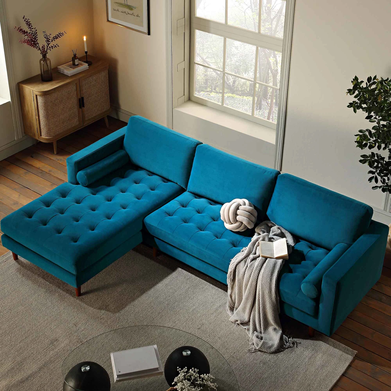 Henrietta Grand 4-Seater LHF Chaise End Sofa, Teal Velvet 2 Henrietta Grand 4-Seater LHF Chaise End Sofa, Teal Velvet - Image 2