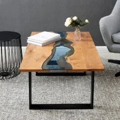 Kelonwa River Effect Solid Oak And Inset Glass Coffee Table -Best Furniture Shop BSD 031 2
