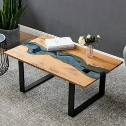 Kelonwa River Effect Solid Oak And Inset Glass Coffee Table