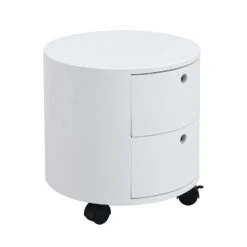 DOLIO Drum Chest Bedside Table, Barrel Side Table With Drawers High Gloss White 2 Drawer -Best Furniture Shop BSD 049 WHITE 2