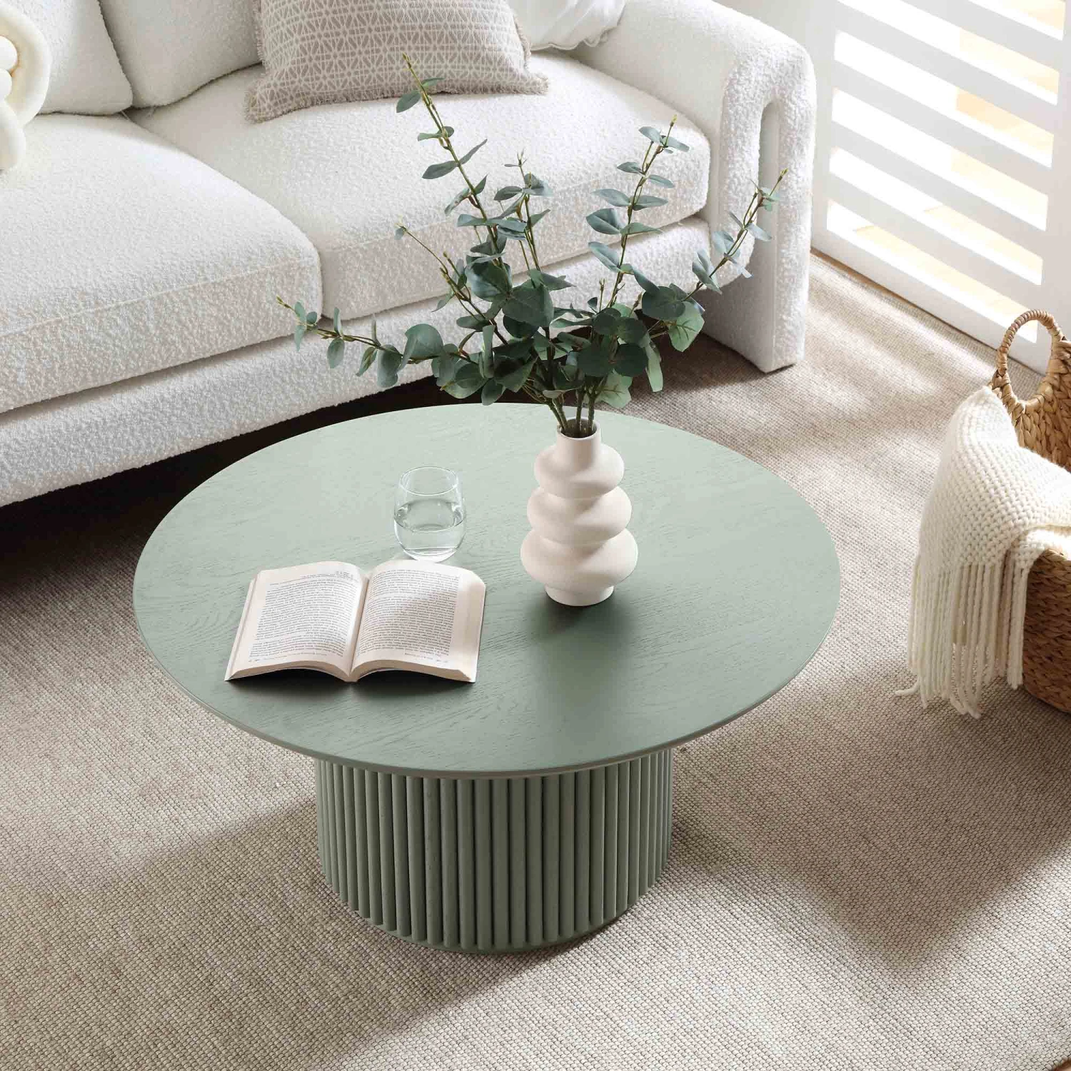 Maru Round Oak Pedestal Coffee Table, Sage Green 2 Maru Round Oak Pedestal Coffee Table, Sage Green - Image 2