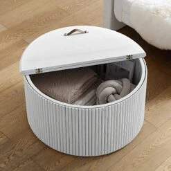 Maru Oak Round Coffee Table With Storage, Washed White -Best Furniture Shop BSD 140 WHITE scene2