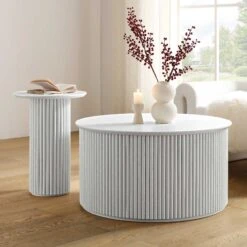 Maru Oak Round Coffee Table With Storage, Washed White -Best Furniture Shop BSD 140 WHITE scene3