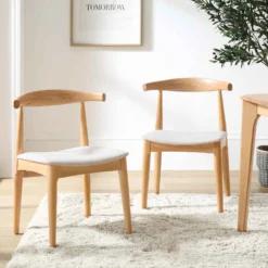 Arley Set Of 2 Beech Wood Dining Chairs, Natural And Beige