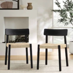 Ditton Set Of 2 Elm Wood And Jute Dining Chairs, Black