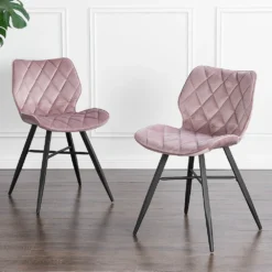 Set Of 2 Ampney Velvet Diamond Stitch Dining Chairs With Metal Legs (Dusty Pink Velvet)