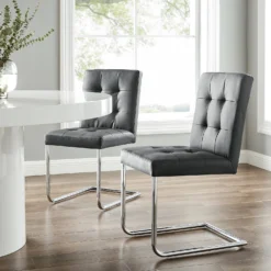 Keyston Set Of 2 Dark Grey PU Leather Upholstered Dining Chairs With Chrome Legs