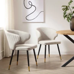 Langham Set Of 2 Oatmeal Woven Fabric Carver Dining Chairs With Fluted Back