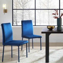 Fernie Set Of 2 Navy Blue Velvet Dining Chairs With Upholstered Legs