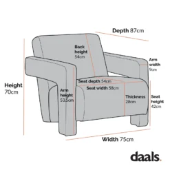 Brompton Sculptural Armchair, Lichen Velvet -Best Furniture Shop Dimensional Drawings June 2023 ACH 2163