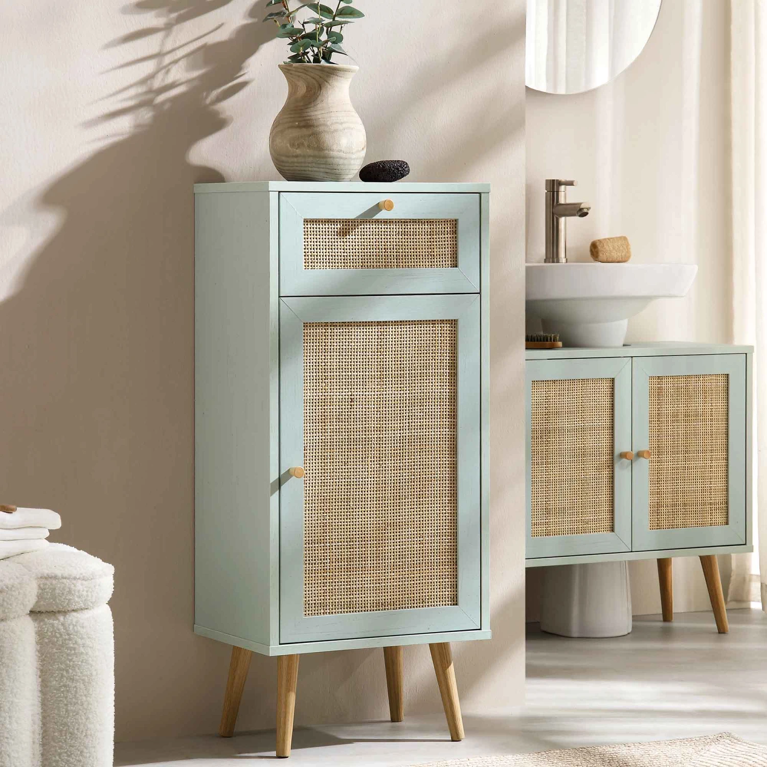 Frances Woven Rattan 1-Door Bathroom Cabinet, Mint 1 Frances Woven Rattan 1-Door Bathroom Cabinet, Mint