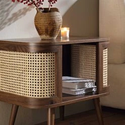 Izzy Curved Rattan Bedside Table, Walnut -Best Furniture Shop FT BST 04 WALN scene2