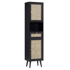 Frances Woven Rattan Tallboy Bathroom Unit, Black -Best Furniture Shop FT TALLB 01 BLACK WB1