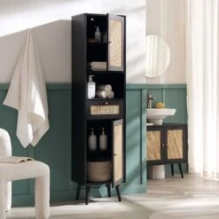 Frances Woven Rattan Tallboy Bathroom Unit, Black -Best Furniture Shop FT TALLB 01 BLACK scene2