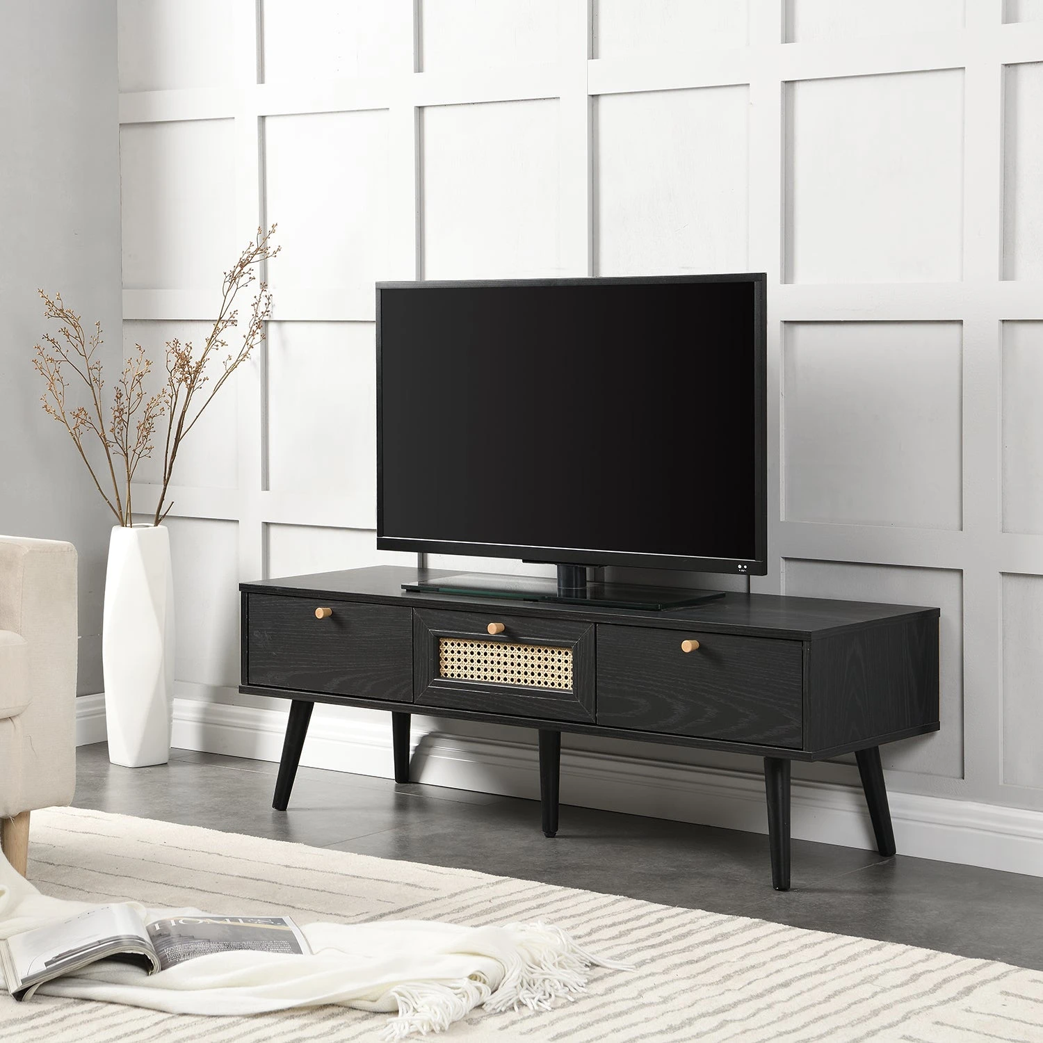 Anya Woven Rattan 3-Drawer TV Unit In Black 1 Anya Woven Rattan 3-Drawer TV Unit In Black