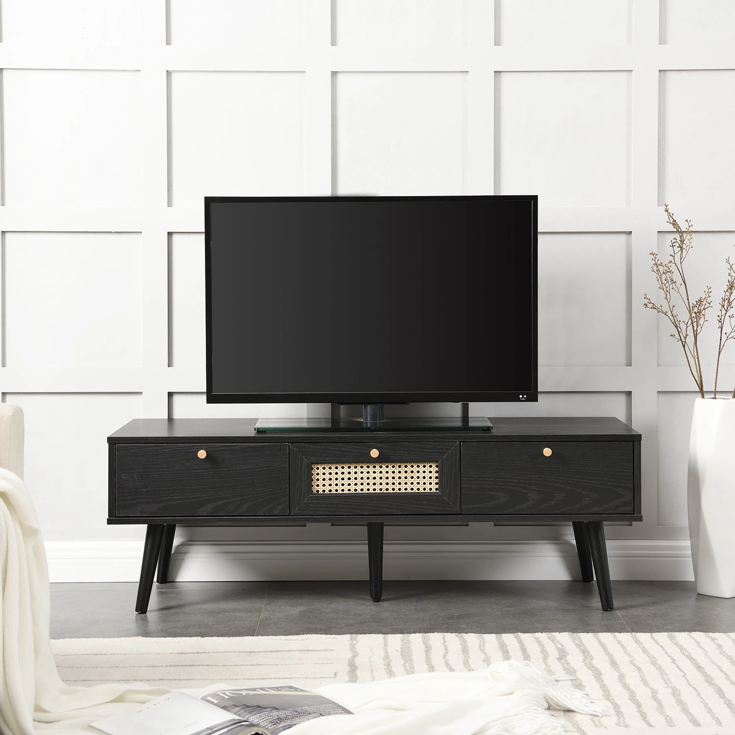 Anya Woven Rattan 3-Drawer TV Unit In Black 2 Anya Woven Rattan 3-Drawer TV Unit In Black - Image 2