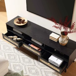 Frances Woven Rattan 160cm 3-Drawer TV Unit, Black -Best Furniture Shop FT TV 05 BLACK scene2