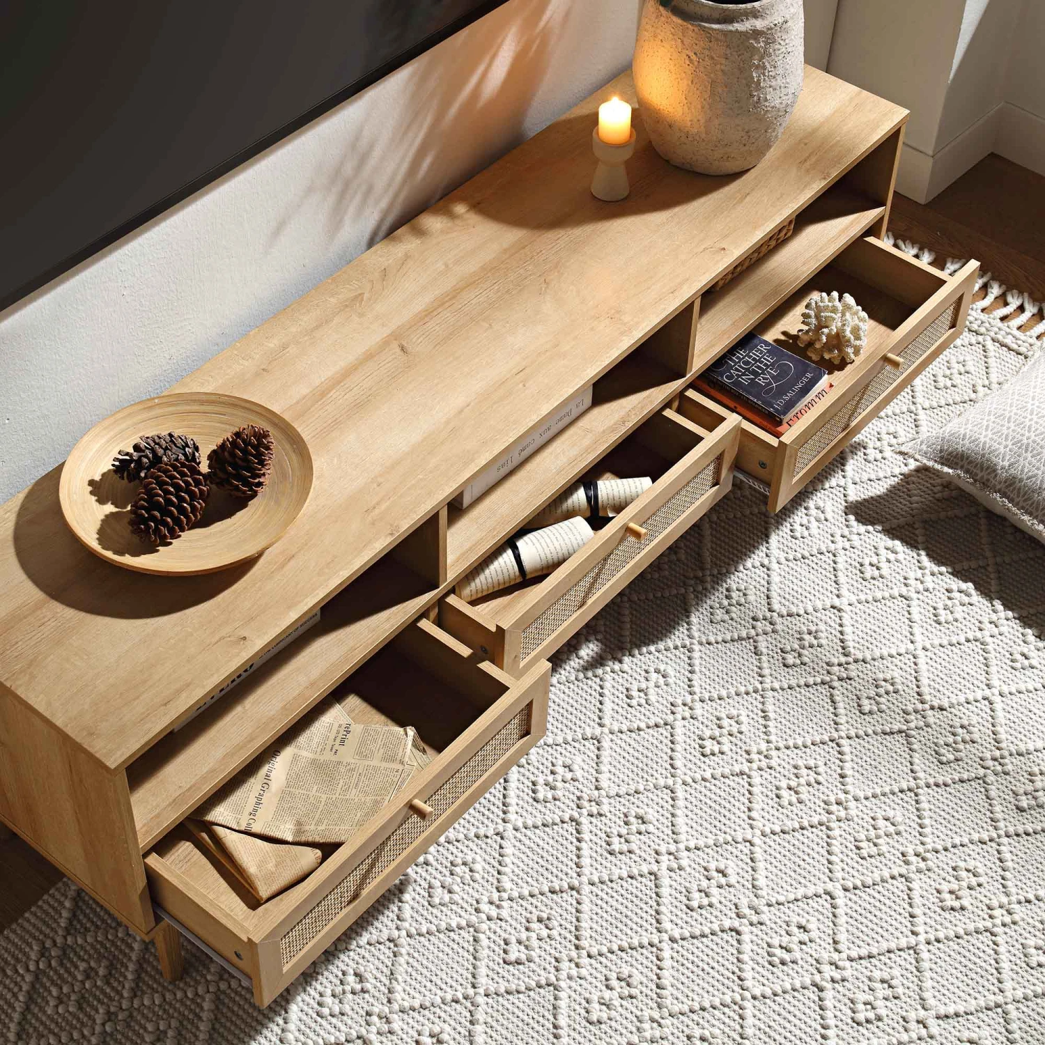 Frances Woven Rattan 160cm 3-Drawer TV Unit, Natural 3 Frances Woven Rattan 160cm 3-Drawer TV Unit, Natural - Image 3