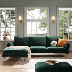 Obriel Forest Green Velvet Sofa, Grande Chaise Sofa Left Hand -Best Furniture Shop GCSF 2400 PINE VEL LEFT scene2