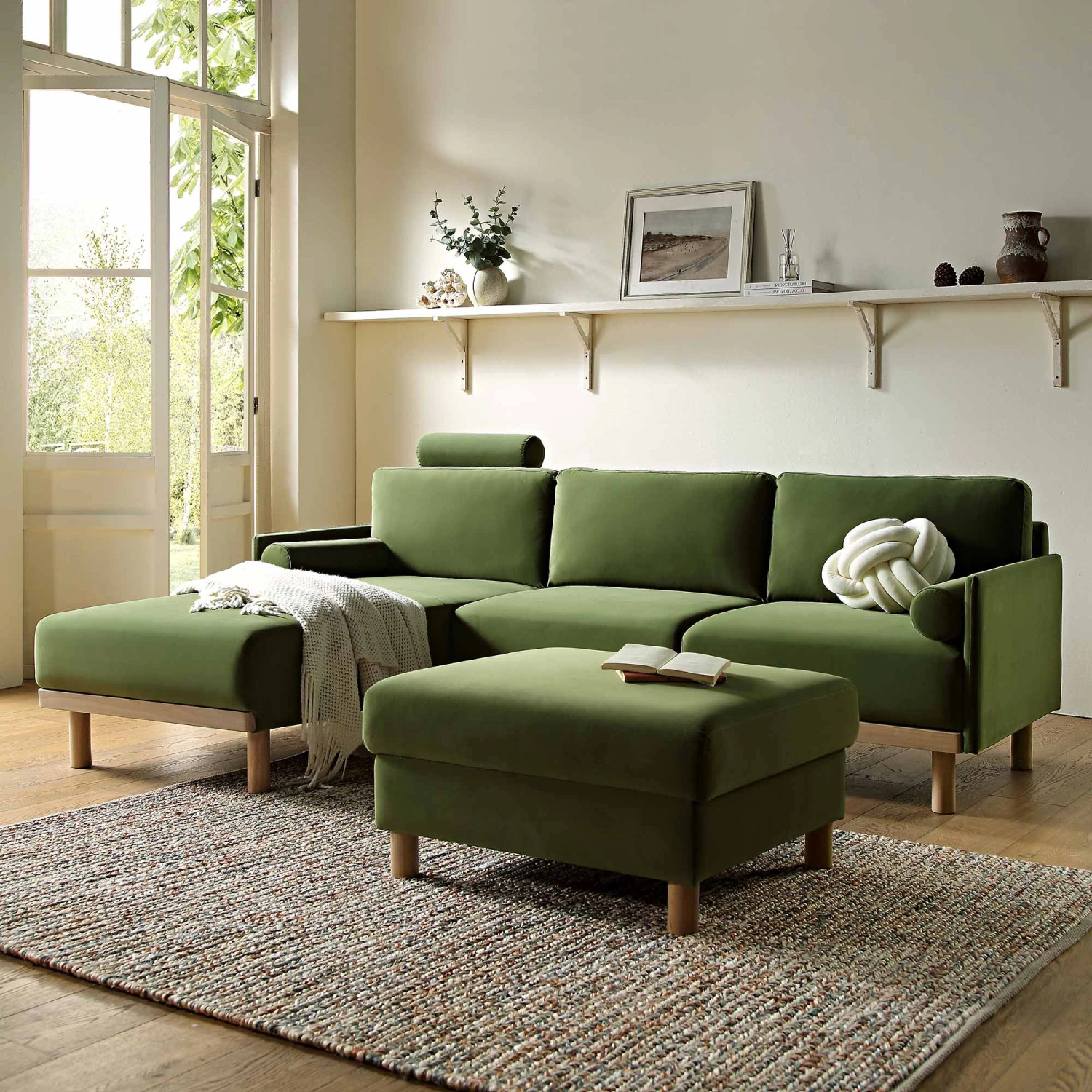Timber Fern Green Velvet Sofa, Large 3-Seater Chaise Sofa Left Hand 1 Timber Fern Green Velvet Sofa, Large 3-Seater Chaise Sofa Left Hand