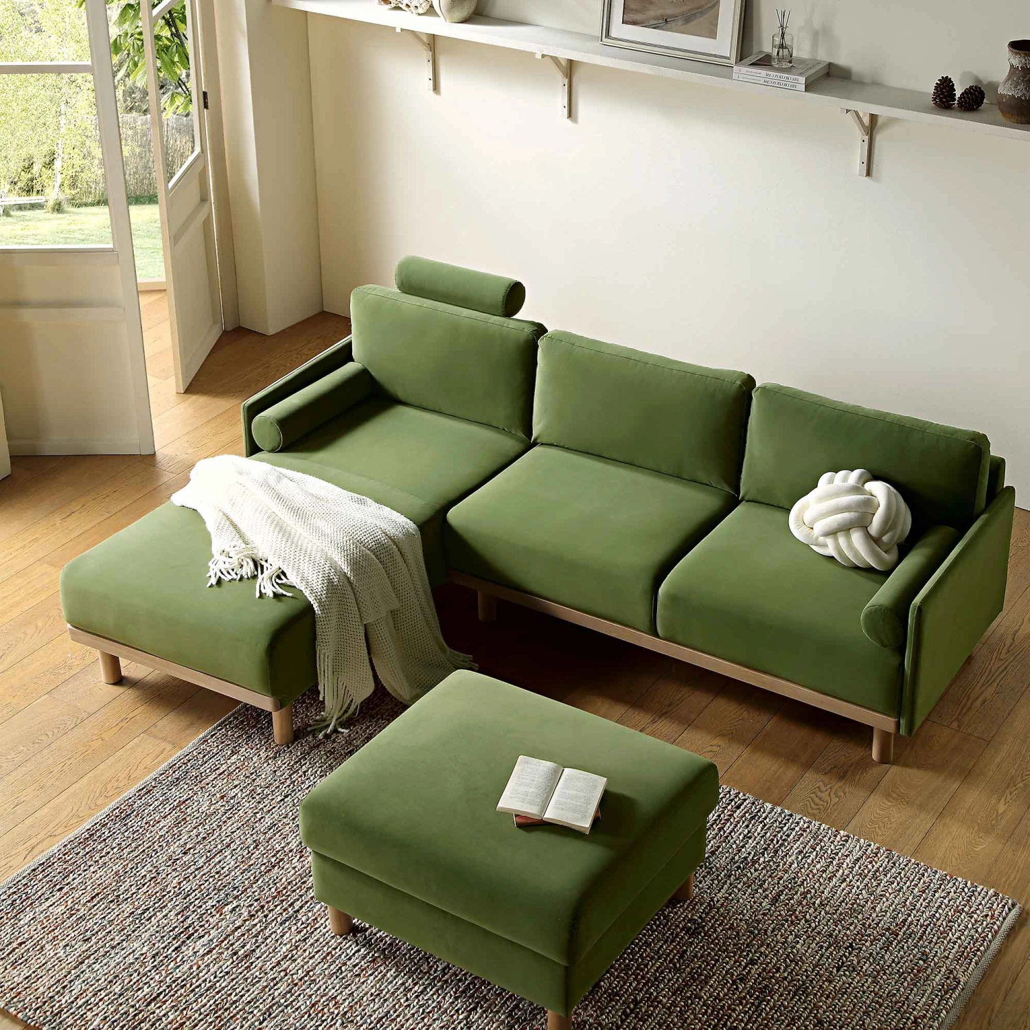 Timber Fern Green Velvet Sofa, Large 3-Seater Chaise Sofa Left Hand 3 Timber Fern Green Velvet Sofa, Large 3-Seater Chaise Sofa Left Hand - Image 3