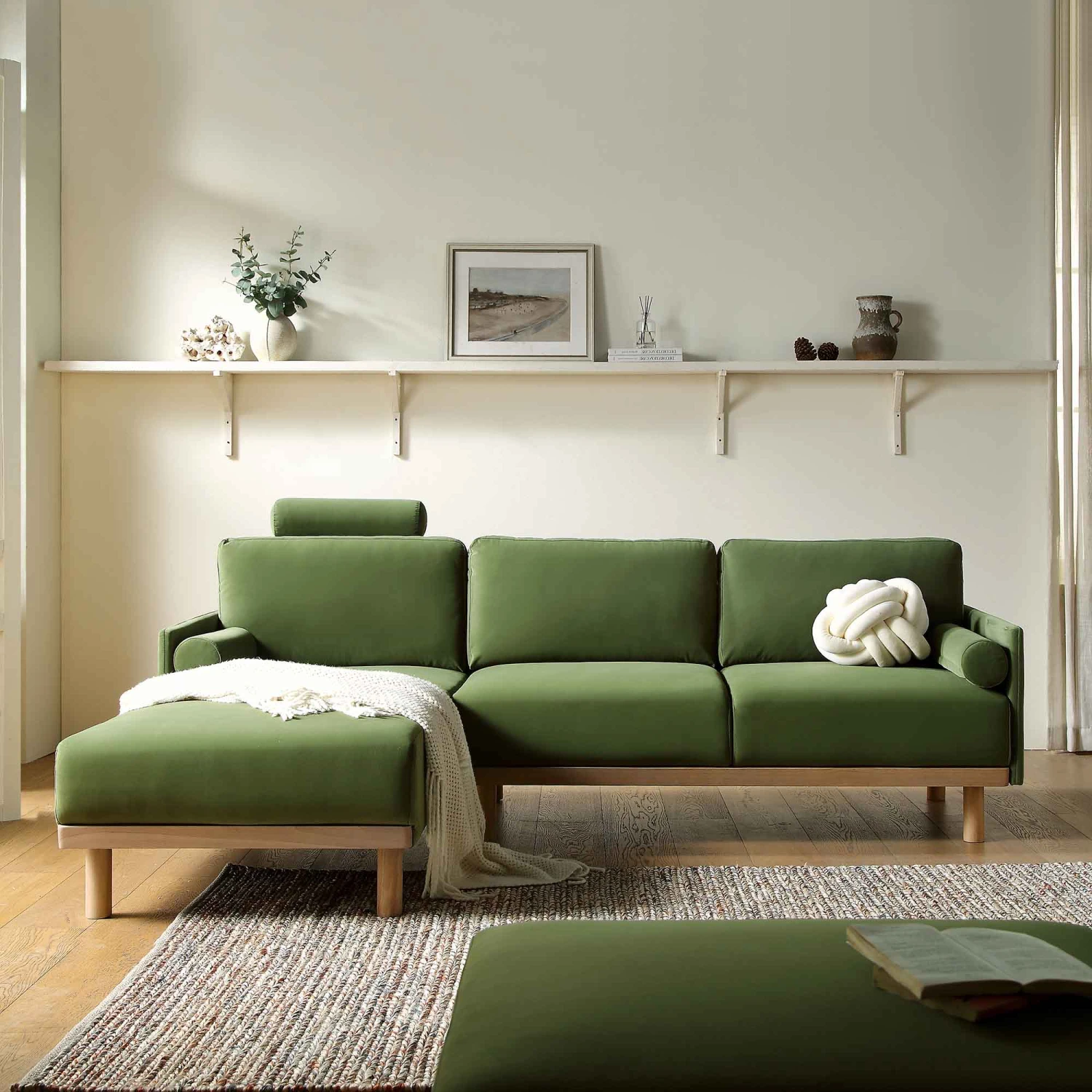 Timber Fern Green Velvet Sofa, Large 3-Seater Chaise Sofa Left Hand 2 Timber Fern Green Velvet Sofa, Large 3-Seater Chaise Sofa Left Hand - Image 2
