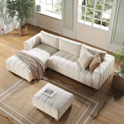 Belsize Beige Boucle Sofa With Wooden Base, Large Chaise Left Hand -Best Furniture Shop GCSF 2404 BEIGE BOU LEFT scene2