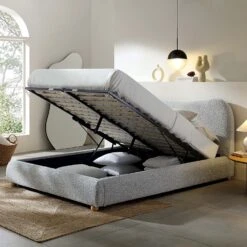 Egerie Curved Headboard Mist Grey Boucle Ottoman Storage Bed -Best Furniture Shop JAH 011 GREY BOUCLE scene2