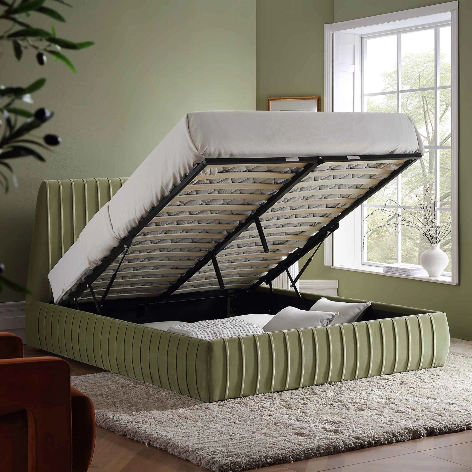 Helia Pleated Ottoman Storage Bed, Lichen Velvet 3 Helia Pleated Ottoman Storage Bed, Lichen Velvet - Image 3