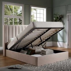 Wilton Champagne Velvet Ottoman Storage Bed -Best Furniture Shop JAH 017 STONE VEL scene1