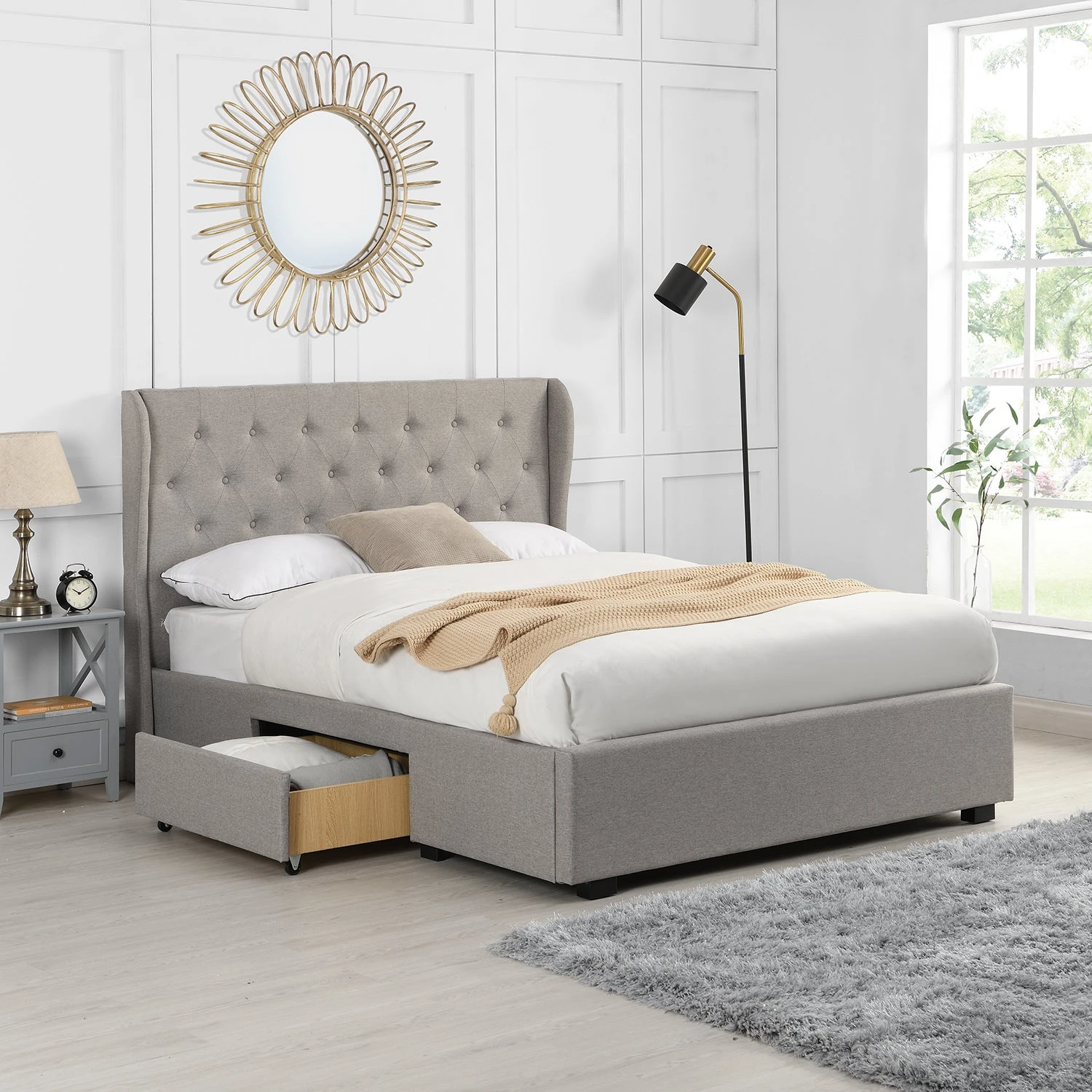 Weston Buttoned Wing Back Upholstered 2-Drawer Storage Bed (Grey Fabric) 2 Weston Buttoned Wing Back Upholstered 2-Drawer Storage Bed (Grey Fabric) - Image 2