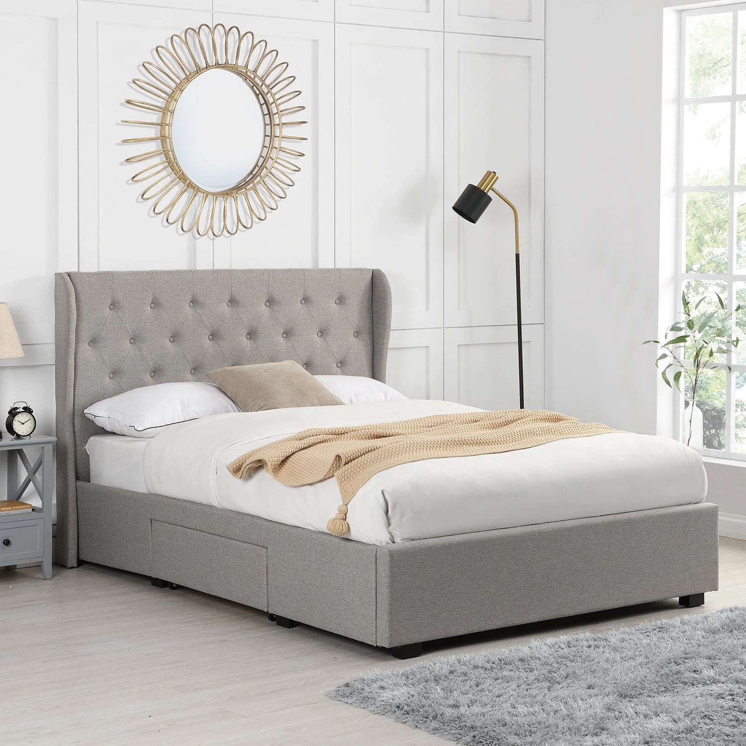 Weston Buttoned Wing Back Upholstered 2-Drawer Storage Bed (Grey Fabric) 1 Weston Buttoned Wing Back Upholstered 2-Drawer Storage Bed (Grey Fabric)