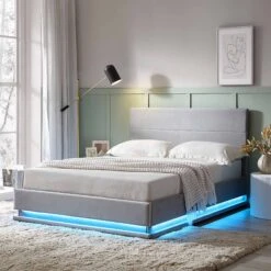 Buxton End Opening Ottoman Storage Bed Frame With Multi-colour LED Light Strip (Light Grey Velvet)