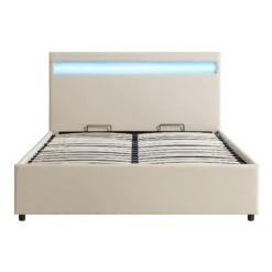 Pimlico End Opening Ottoman Storage Bed Frame With Muti-colour LED Headboard (Beige Fabric) -Best Furniture Shop JAH 05 BEIGEFAB WB1
