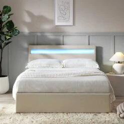 Pimlico End Opening Ottoman Storage Bed Frame With Muti-colour LED Headboard (Beige Fabric) -Best Furniture Shop JAH 05 BEIGEFAB scene1