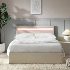 Pimlico End Opening Ottoman Storage Bed Frame With Muti-colour LED Headboard (Beige Fabric) -Best Furniture Shop JAH 05 BEIGEFAB scene2